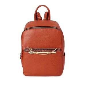 Time and Tru Women's Brown Faux Leather Backpack Leopard Pouch, 9.75"x4.63"x12"